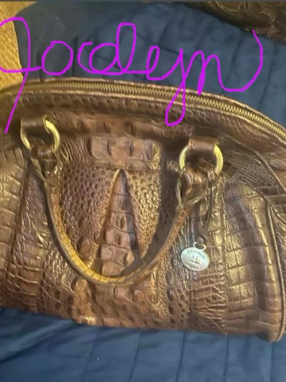 Brahmin Brown Croc-Embossed Satchel with Gold Hardware
